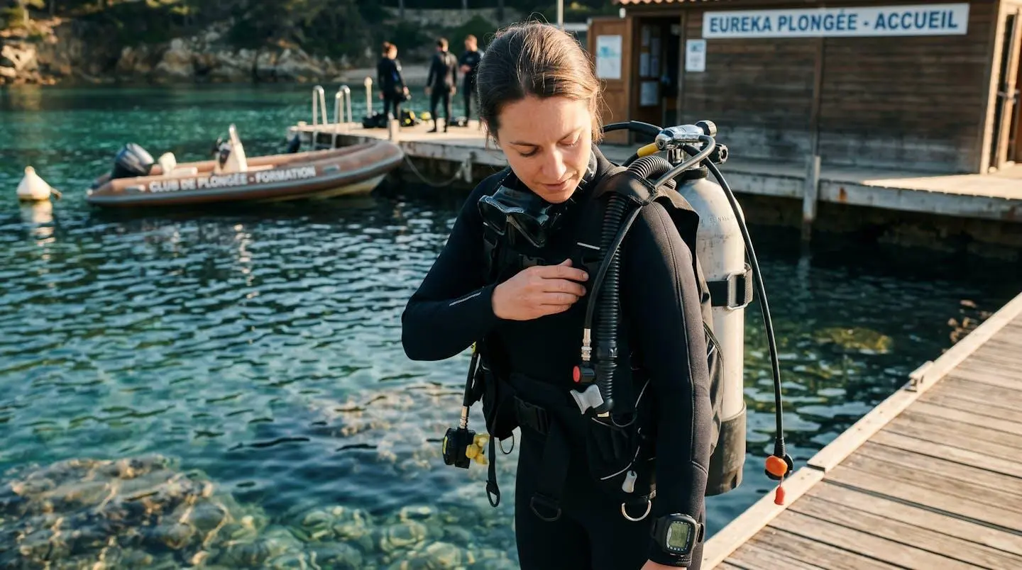 Plongeur débutant en combinaison néoprène portant un gilet stabilisateur avec bouteille, ajustant les sangles du gilet au bord d'un bassin de formation ou d'une crique méditerranéenne