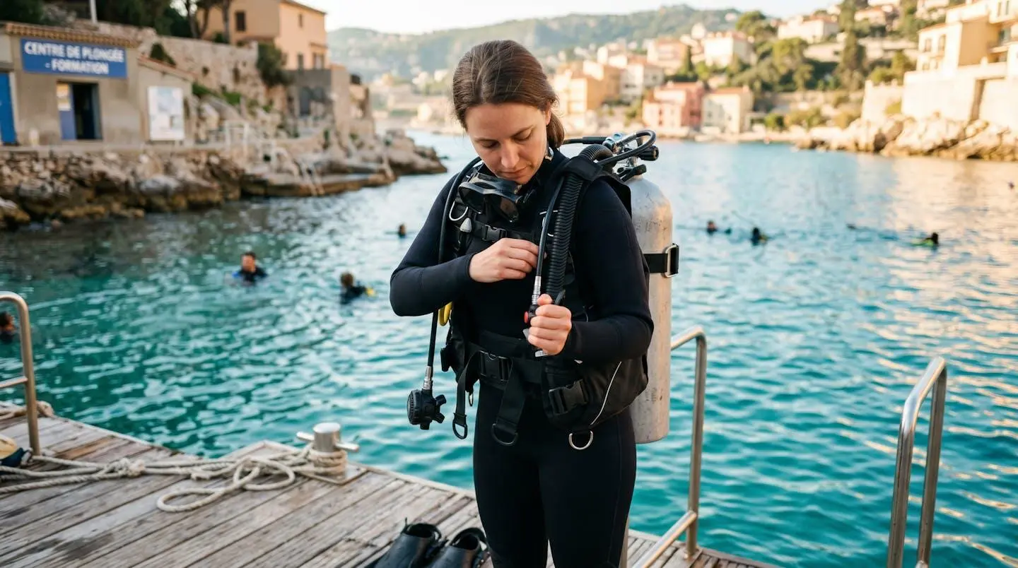 Plongeur débutant en combinaison néoprène portant un gilet stabilisateur avec bouteille, ajustant les sangles du gilet au bord d'un bassin de formation ou d'une crique méditerranéenne