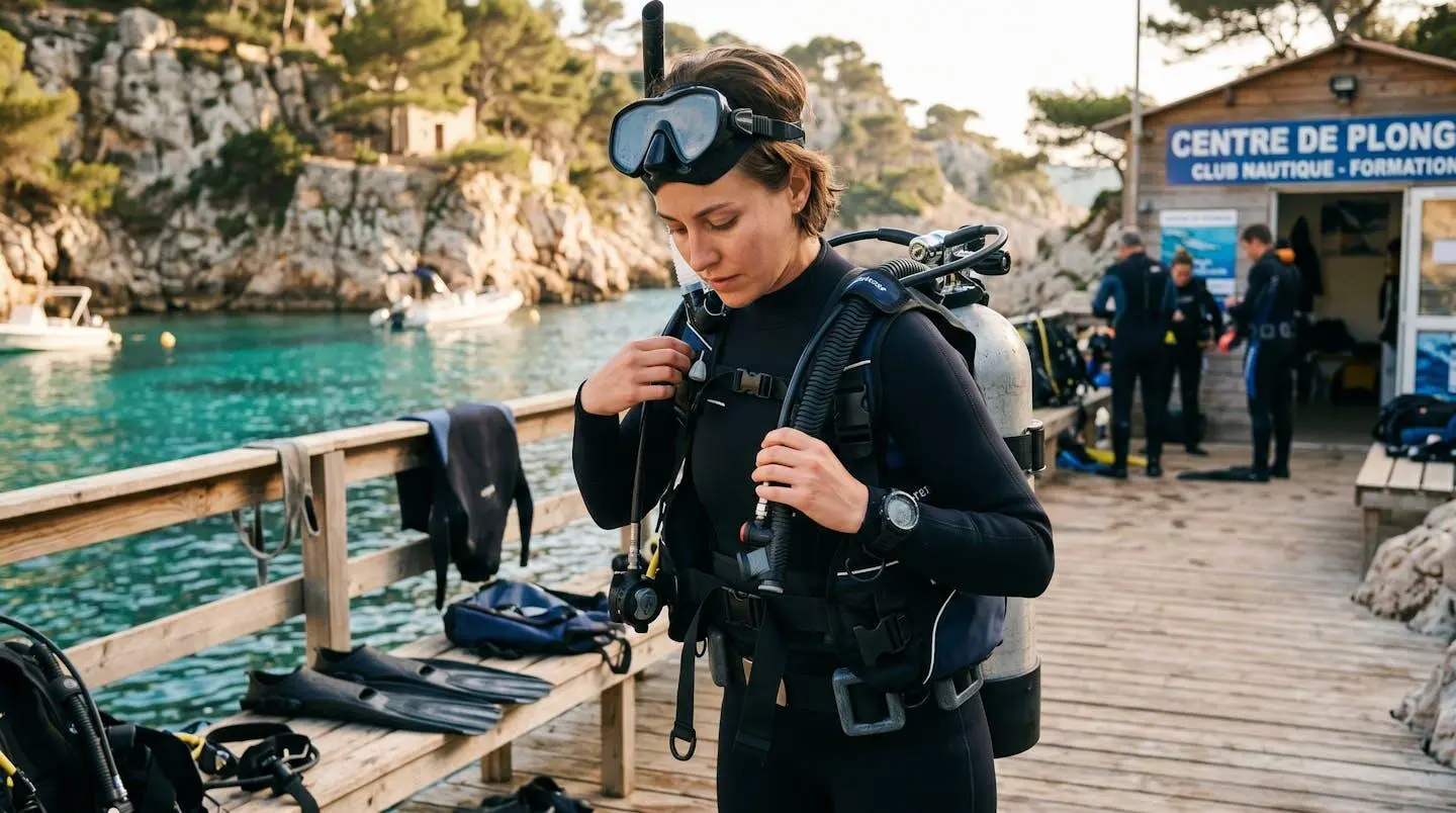 Plongeur débutant en combinaison néoprène portant un gilet stabilisateur avec bouteille, ajustant les sangles du gilet au bord d'un bassin de formation ou d'une crique méditerranéenne