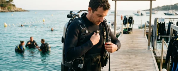 Plongeur débutant en combinaison néoprène portant un gilet stabilisateur avec bouteille, ajustant les sangles du gilet au bord d'un bassin de formation ou d'une crique méditerranéenne