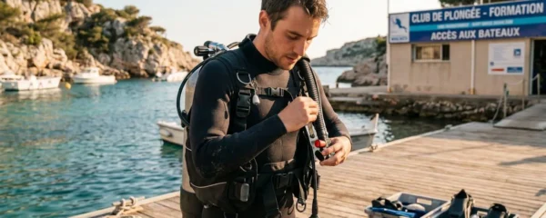 Plongeur débutant en combinaison néoprène portant un gilet stabilisateur avec bouteille, ajustant les sangles du gilet au bord d'un bassin de formation ou d'une crique méditerranéenne