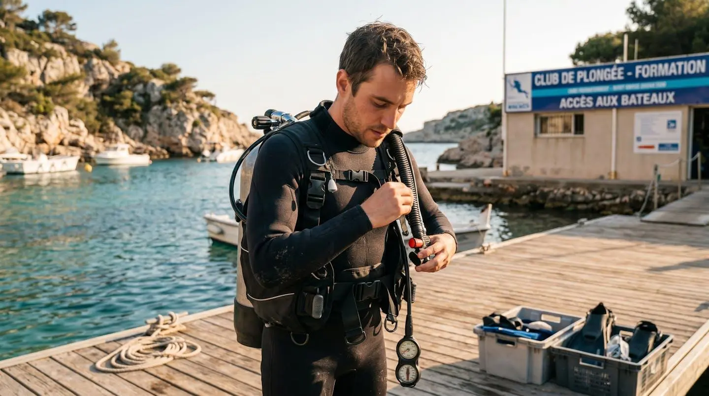 Plongeur débutant en combinaison néoprène portant un gilet stabilisateur avec bouteille, ajustant les sangles du gilet au bord d'un bassin de formation ou d'une crique méditerranéenne