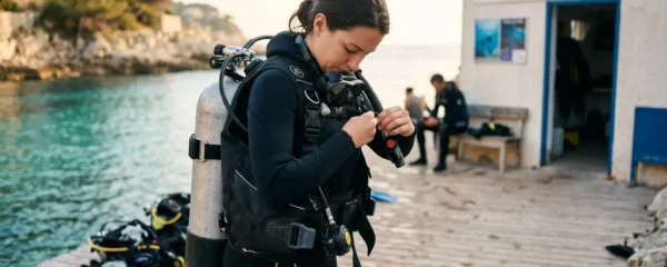 Plongeur débutant en combinaison néoprène portant un gilet stabilisateur avec bouteille, ajustant les sangles du gilet au bord d'un bassin de formation ou d'une crique méditerranéenne