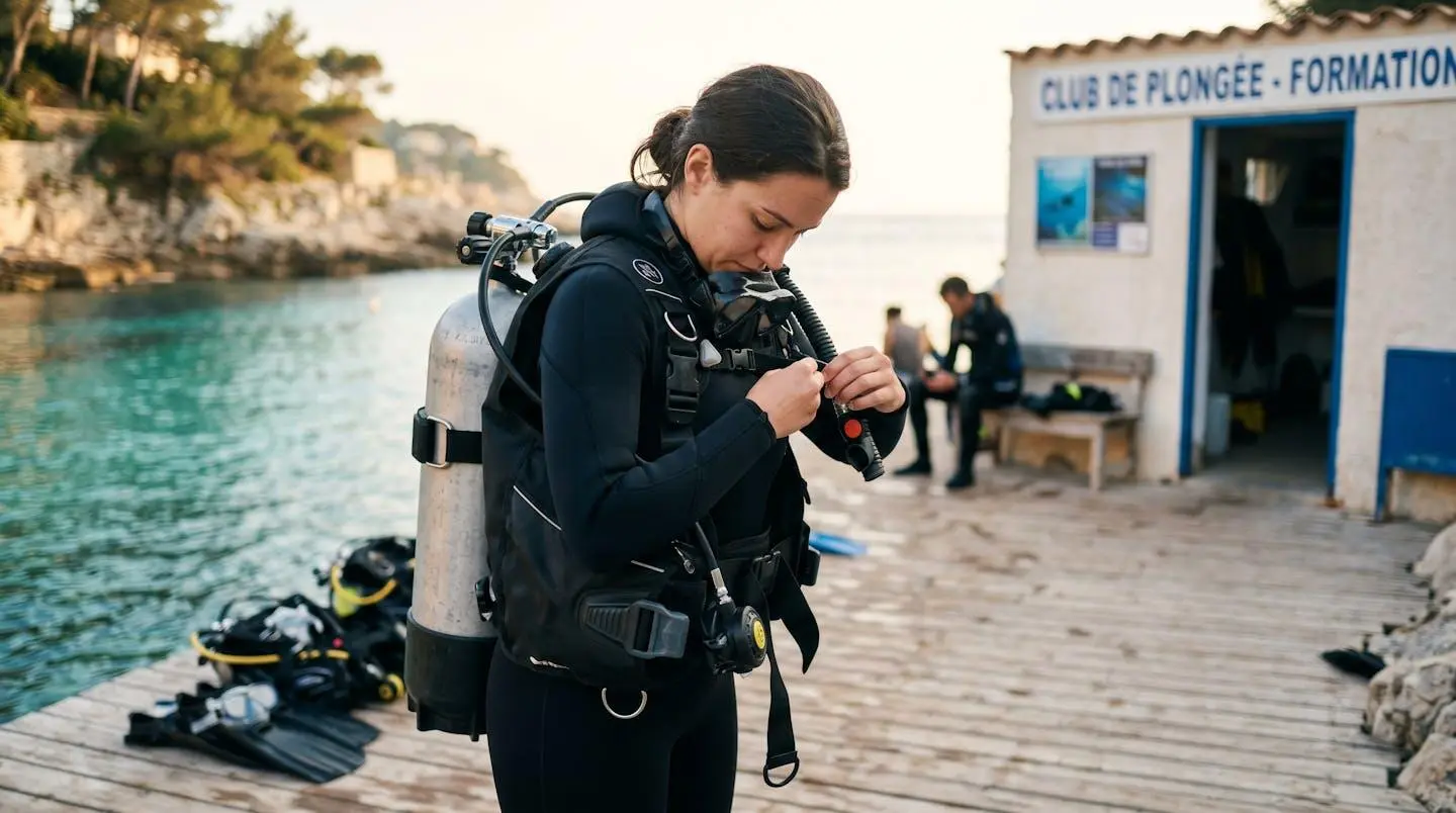 Plongeur débutant en combinaison néoprène portant un gilet stabilisateur avec bouteille, ajustant les sangles du gilet au bord d'un bassin de formation ou d'une crique méditerranéenne