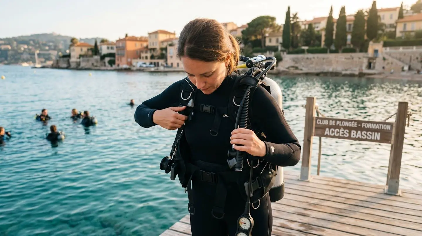 Plongeur débutant en combinaison néoprène portant un gilet stabilisateur avec bouteille, ajustant les sangles du gilet au bord d'un bassin de formation ou d'une crique méditerranéenne