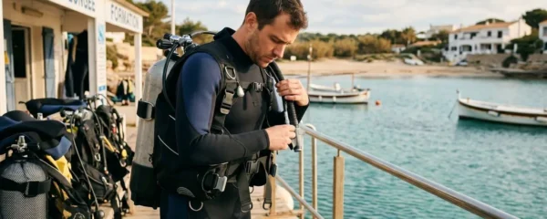 Plongeur débutant en combinaison néoprène portant un gilet stabilisateur avec bouteille, ajustant les sangles du gilet au bord d'un bassin de formation ou d'une crique méditerranéenne