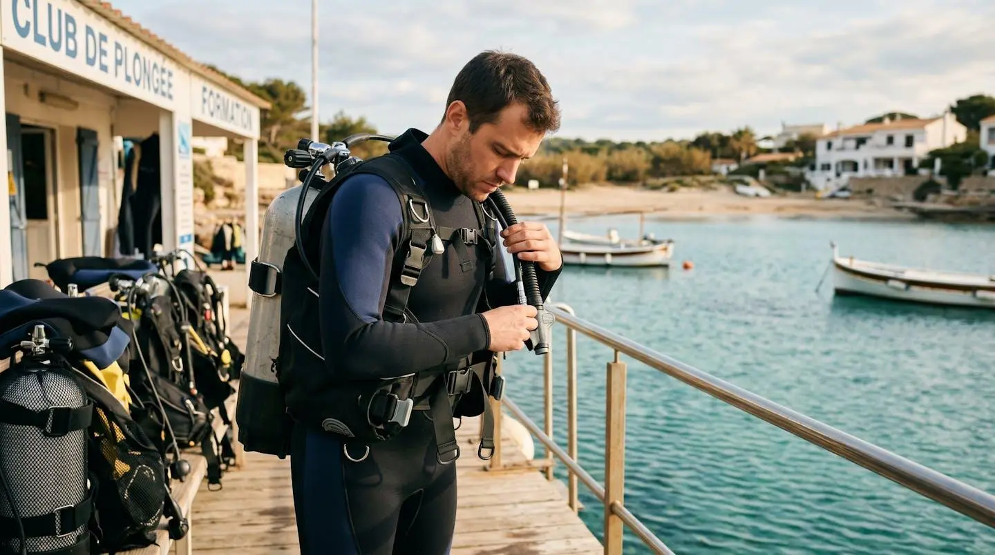 Plongeur débutant en combinaison néoprène portant un gilet stabilisateur avec bouteille, ajustant les sangles du gilet au bord d'un bassin de formation ou d'une crique méditerranéenne