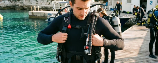 Plongeur débutant en combinaison néoprène portant un gilet stabilisateur avec bouteille, ajustant les sangles du gilet au bord d'un bassin de formation ou d'une crique méditerranéenne