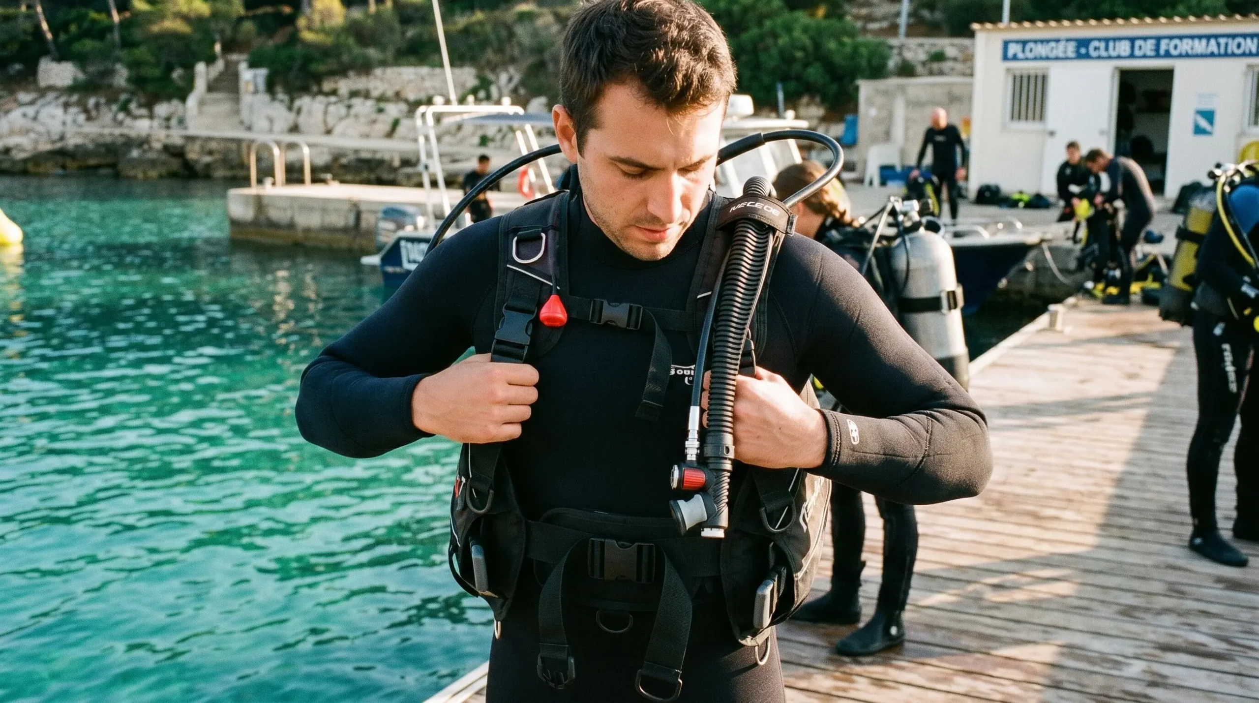 Plongeur débutant en combinaison néoprène portant un gilet stabilisateur avec bouteille, ajustant les sangles du gilet au bord d'un bassin de formation ou d'une crique méditerranéenne