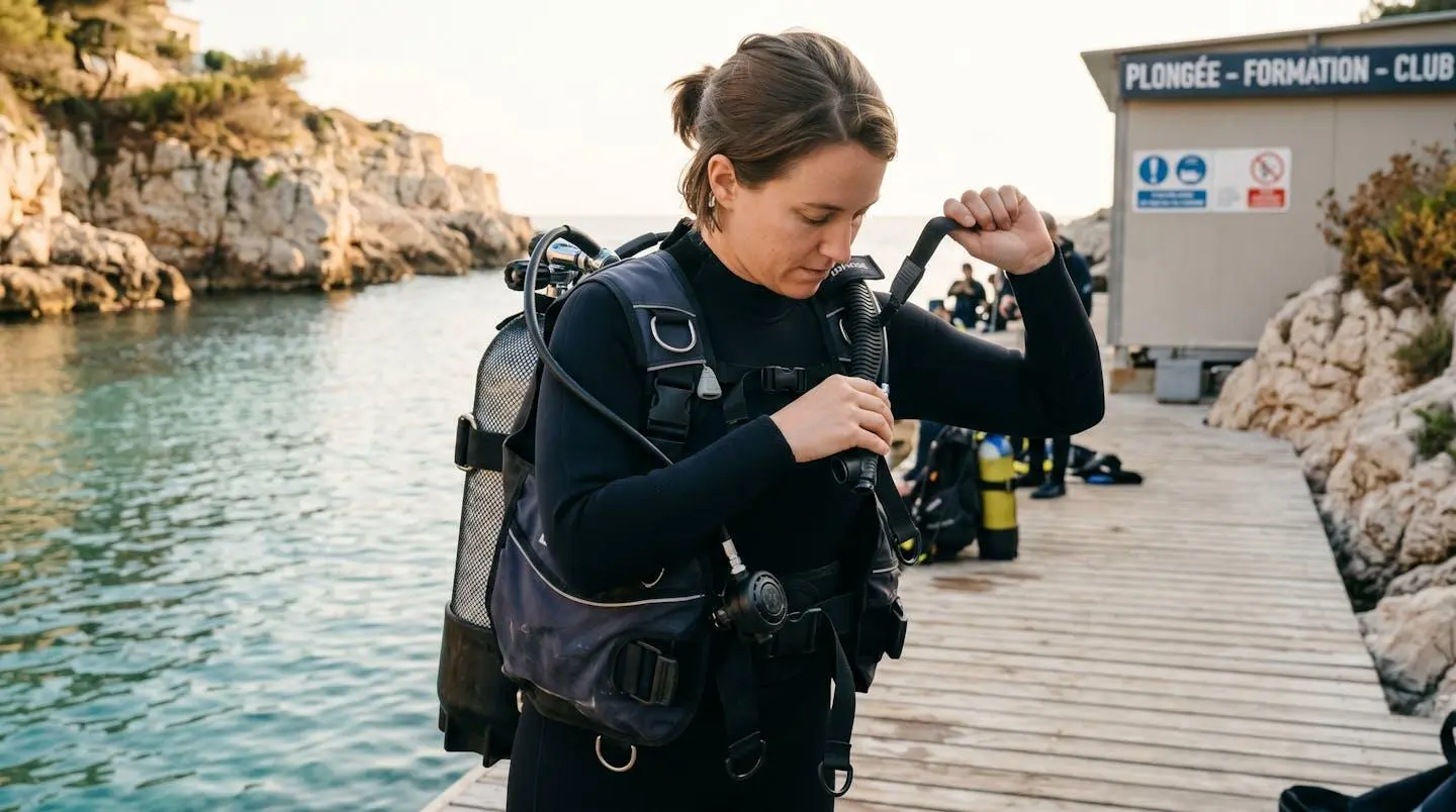Plongeur débutant en combinaison néoprène portant un gilet stabilisateur avec bouteille, ajustant les sangles du gilet au bord d'un bassin de formation ou d'une crique méditerranéenne
