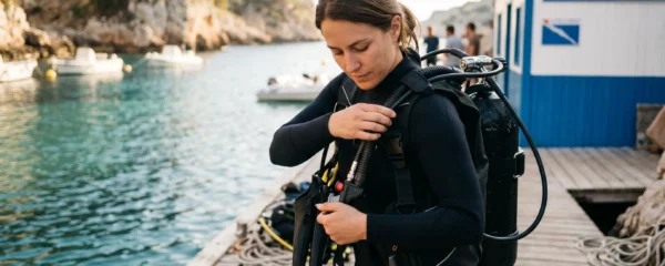 Plongeur débutant en combinaison néoprène portant un gilet stabilisateur avec bouteille, ajustant les sangles du gilet au bord d'un bassin de formation ou d'une crique méditerranéenne
