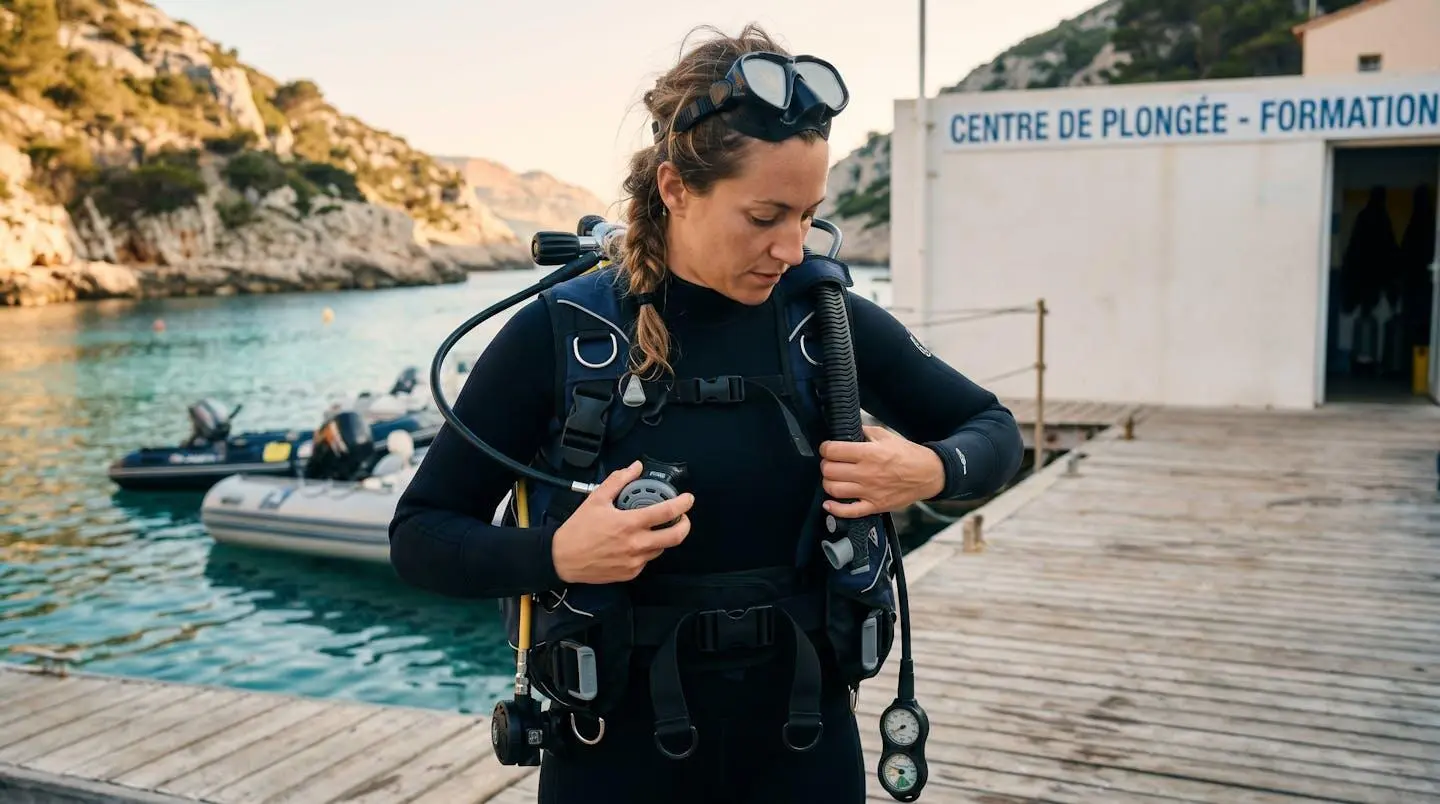 Plongeur débutant en combinaison néoprène portant un gilet stabilisateur avec bouteille, ajustant les sangles du gilet au bord d'un bassin de formation ou d'une crique méditerranéenne