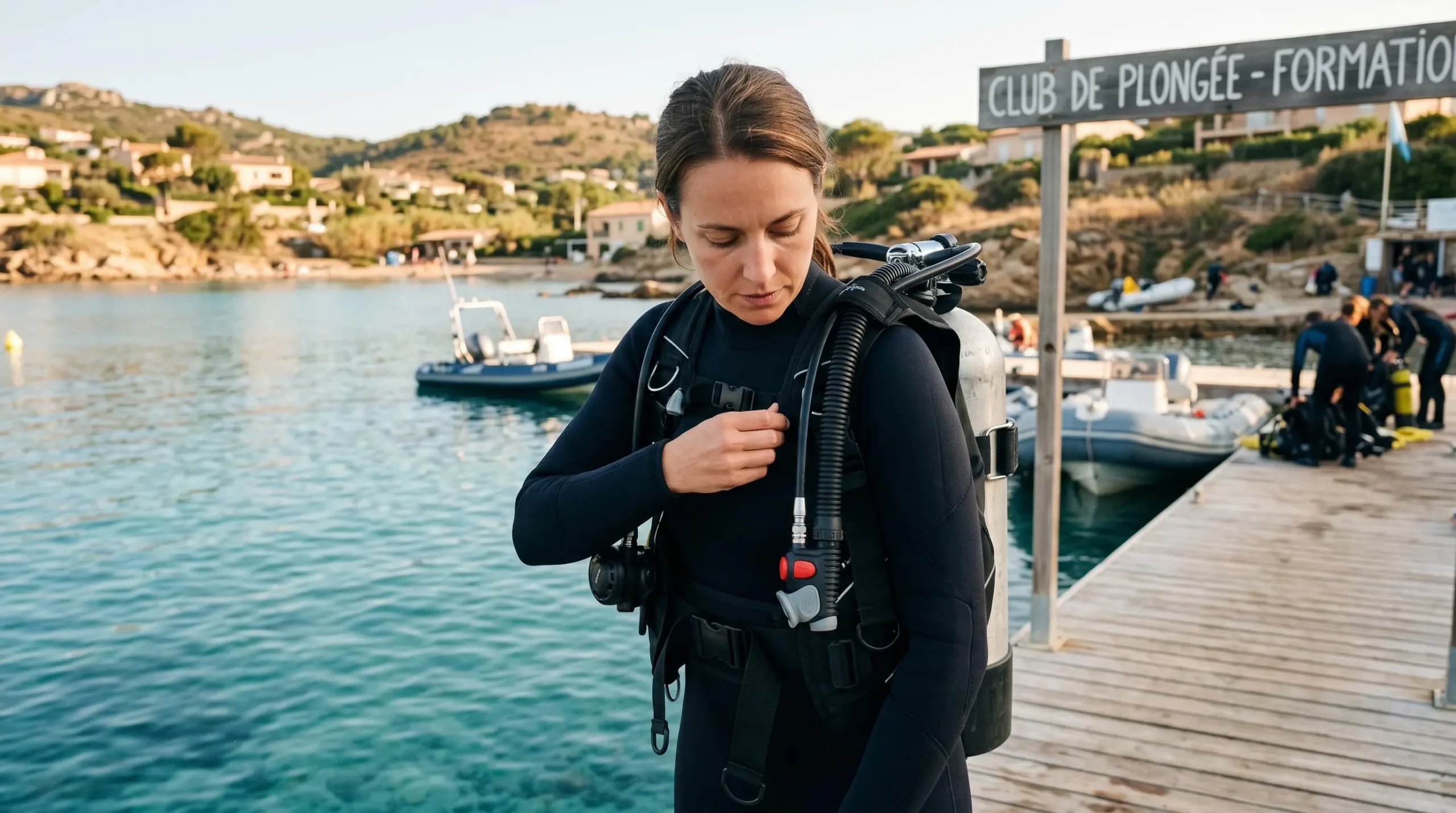 Plongeur débutant en combinaison néoprène portant un gilet stabilisateur avec bouteille, ajustant les sangles du gilet au bord d'un bassin de formation ou d'une crique méditerranéenne