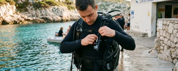 Plongeur débutant en combinaison néoprène portant un gilet stabilisateur avec bouteille, ajustant les sangles du gilet au bord d'un bassin de formation ou d'une crique méditerranéenne