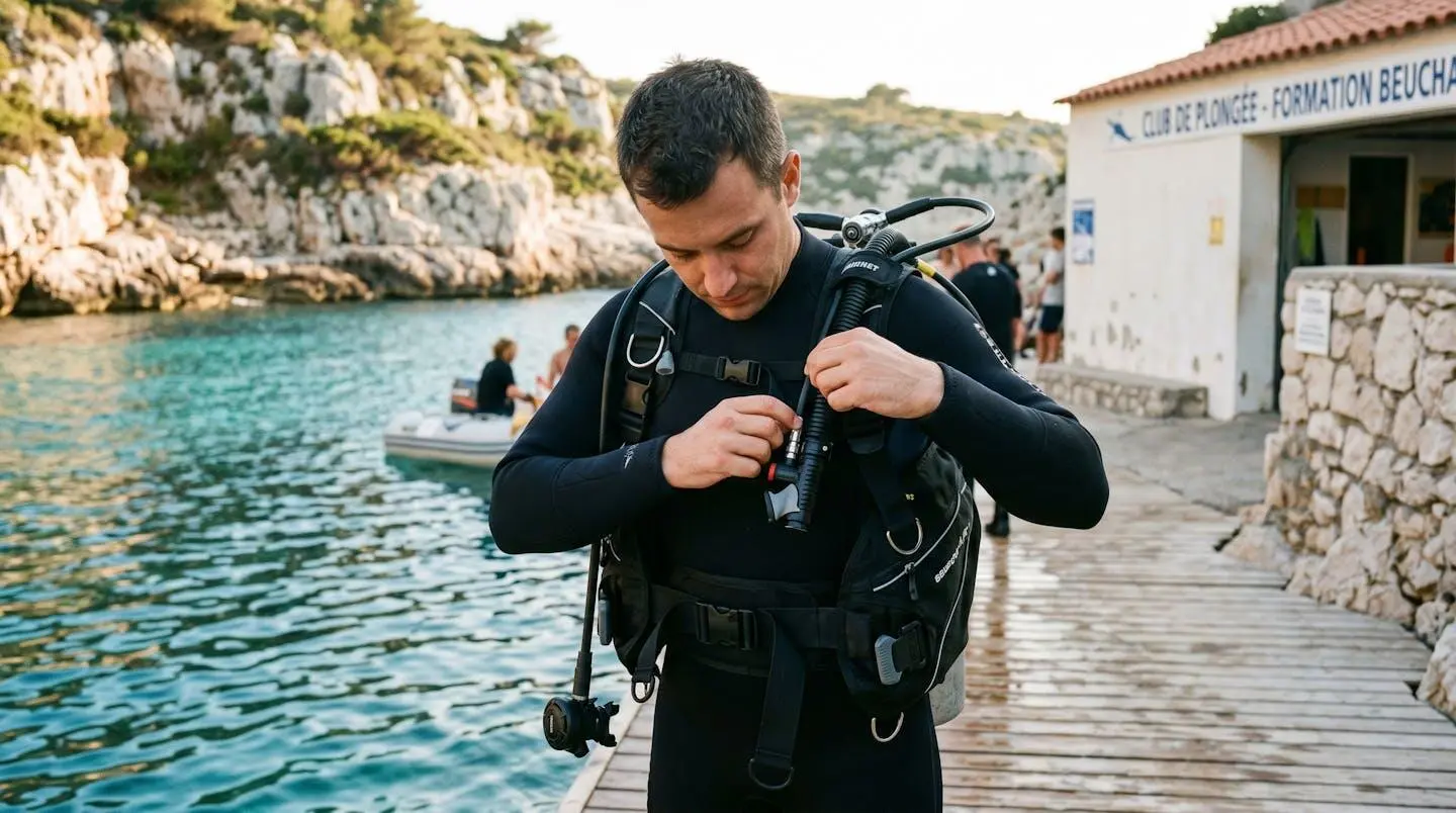 Plongeur débutant en combinaison néoprène portant un gilet stabilisateur avec bouteille, ajustant les sangles du gilet au bord d'un bassin de formation ou d'une crique méditerranéenne
