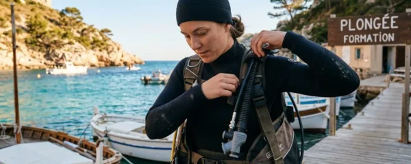 Plongeur débutant en combinaison néoprène portant un gilet stabilisateur avec bouteille, ajustant les sangles du gilet au bord d'un bassin de formation ou d'une crique méditerranéenne