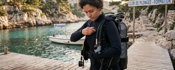 Plongeur débutant en combinaison néoprène portant un gilet stabilisateur avec bouteille, ajustant les sangles du gilet au bord d'un bassin de formation ou d'une crique méditerranéenne