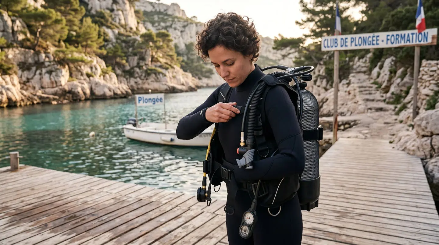 Plongeur débutant en combinaison néoprène portant un gilet stabilisateur avec bouteille, ajustant les sangles du gilet au bord d'un bassin de formation ou d'une crique méditerranéenne
