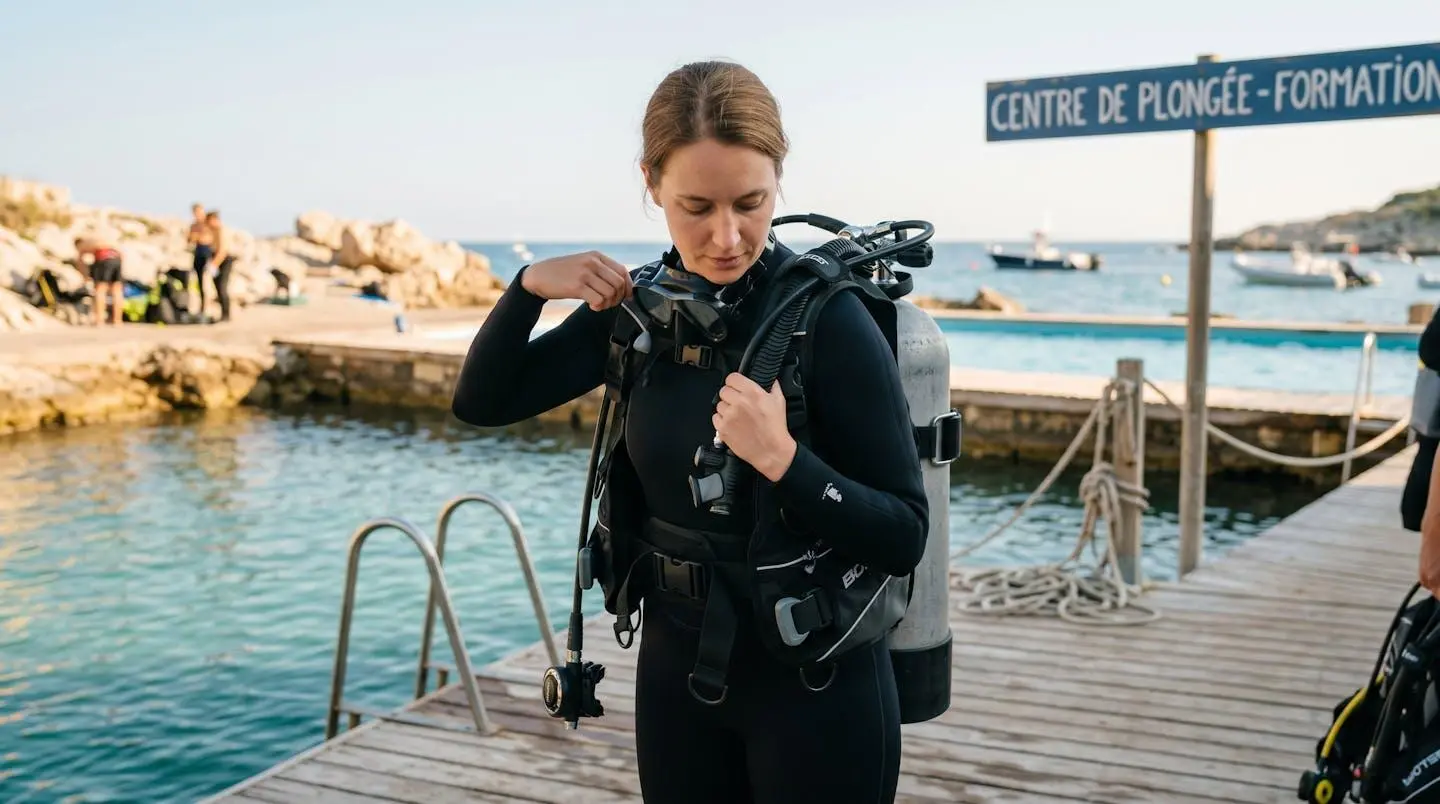 Plongeur débutant en combinaison néoprène portant un gilet stabilisateur avec bouteille, ajustant les sangles du gilet au bord d'un bassin de formation ou d'une crique méditerranéenne