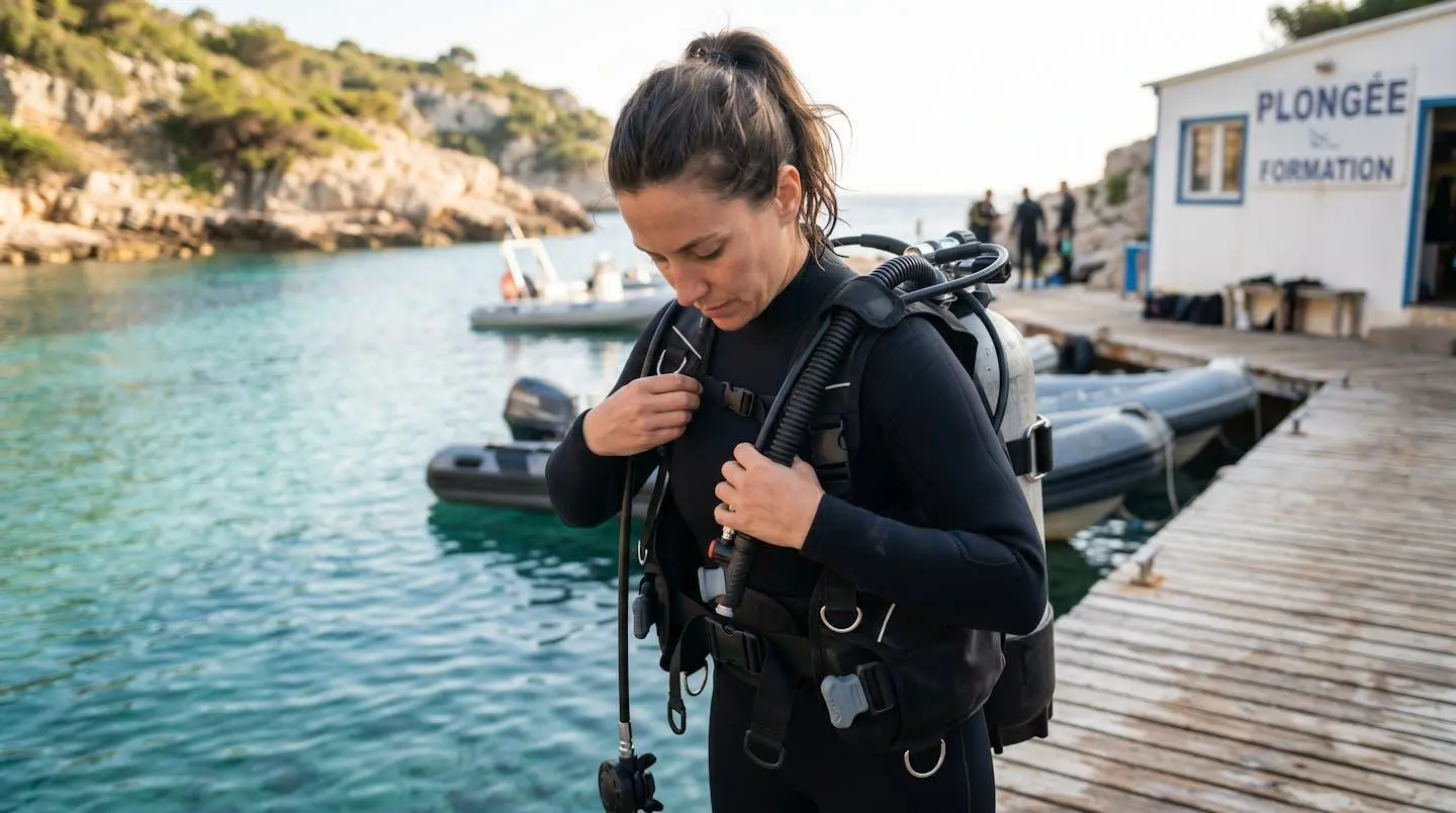 Plongeur débutant en combinaison néoprène portant un gilet stabilisateur avec bouteille, ajustant les sangles du gilet au bord d'un bassin de formation ou d'une crique méditerranéenne