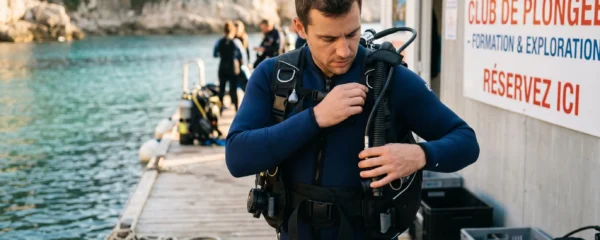 Plongeur débutant en combinaison néoprène portant un gilet stabilisateur avec bouteille, ajustant les sangles du gilet au bord d'un bassin de formation ou d'une crique méditerranéenne