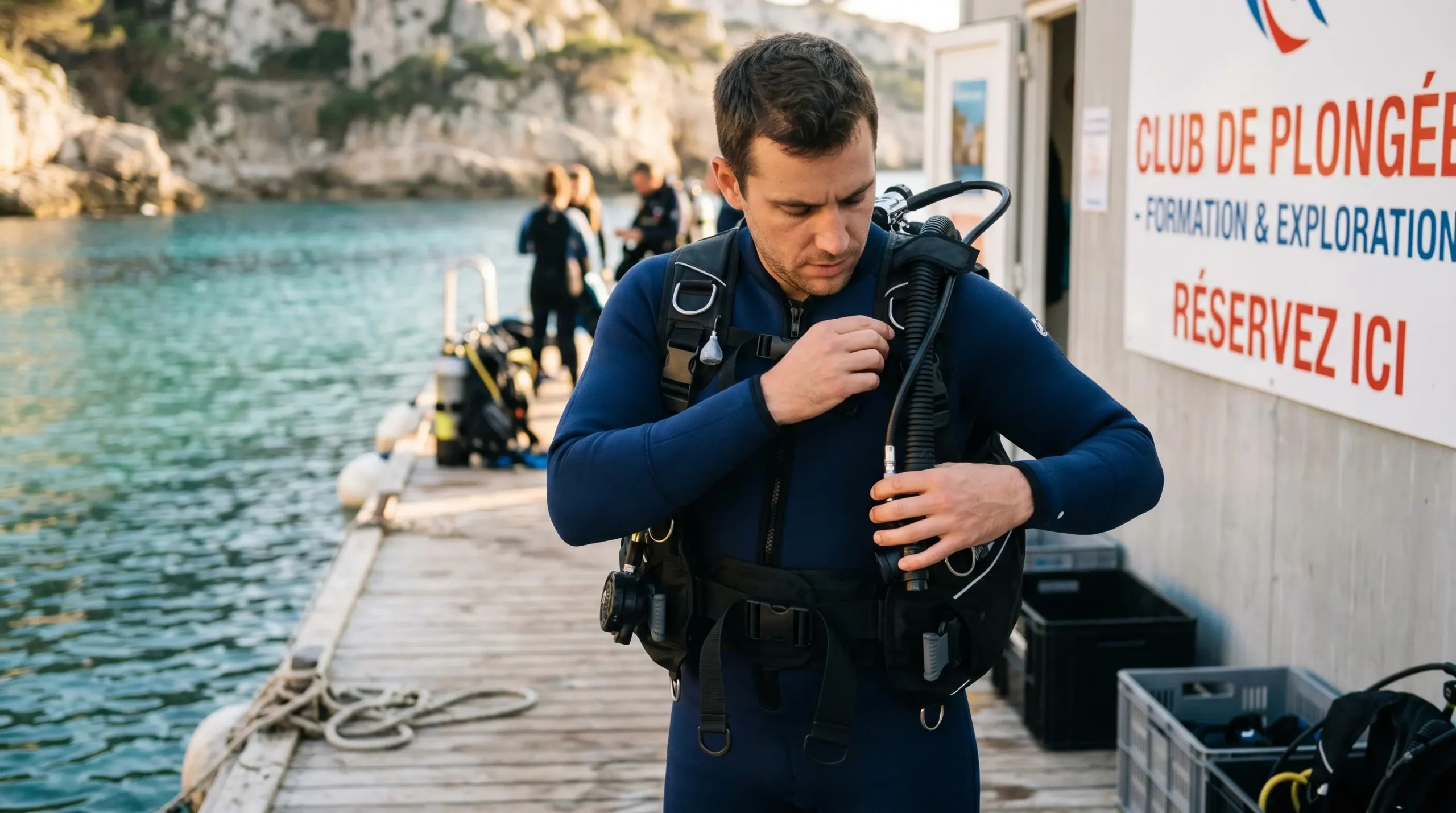 Plongeur débutant en combinaison néoprène portant un gilet stabilisateur avec bouteille, ajustant les sangles du gilet au bord d'un bassin de formation ou d'une crique méditerranéenne