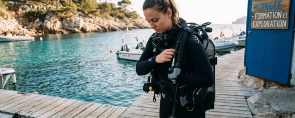 Plongeur débutant en combinaison néoprène portant un gilet stabilisateur avec bouteille, ajustant les sangles du gilet au bord d'un bassin de formation ou d'une crique méditerranéenne
