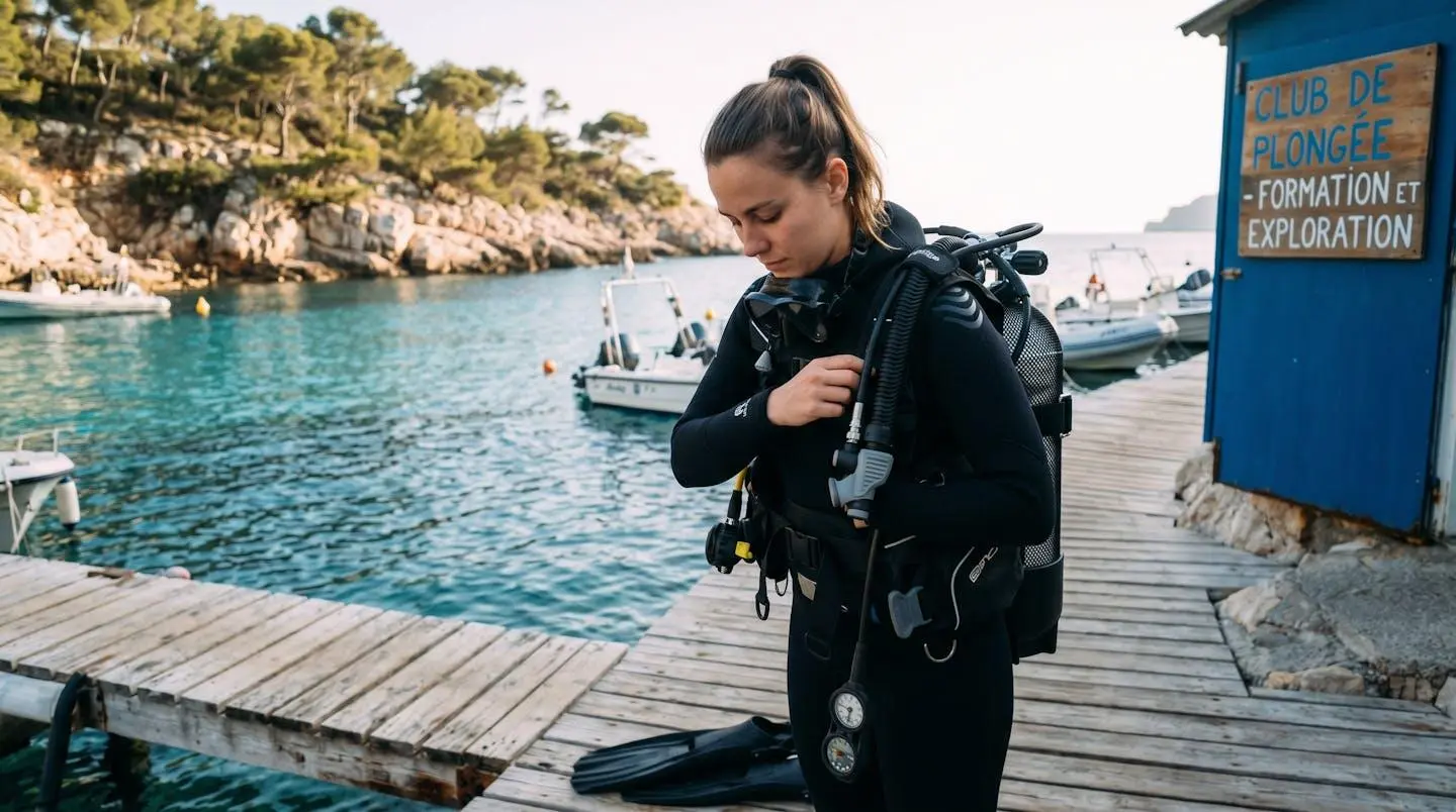 Plongeur débutant en combinaison néoprène portant un gilet stabilisateur avec bouteille, ajustant les sangles du gilet au bord d'un bassin de formation ou d'une crique méditerranéenne