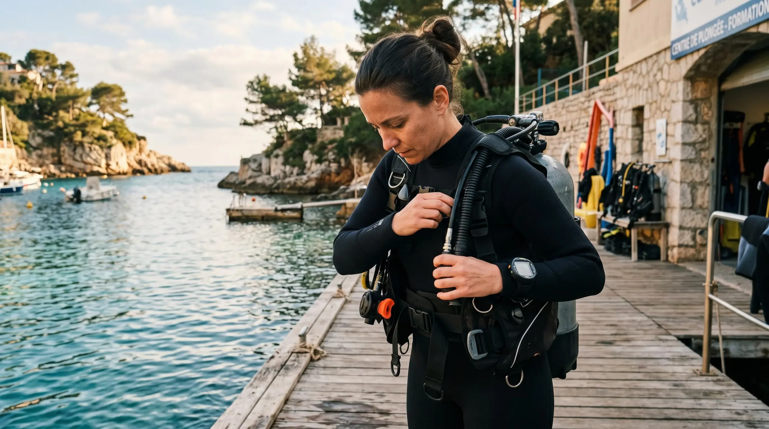 Plongeur débutant en combinaison néoprène portant un gilet stabilisateur avec bouteille, ajustant les sangles du gilet au bord d'un bassin de formation ou d'une crique méditerranéenne
