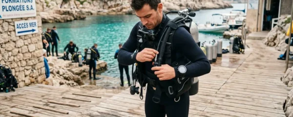 Plongeur débutant en combinaison néoprène portant un gilet stabilisateur avec bouteille, ajustant les sangles du gilet au bord d'un bassin de formation ou d'une crique méditerranéenne