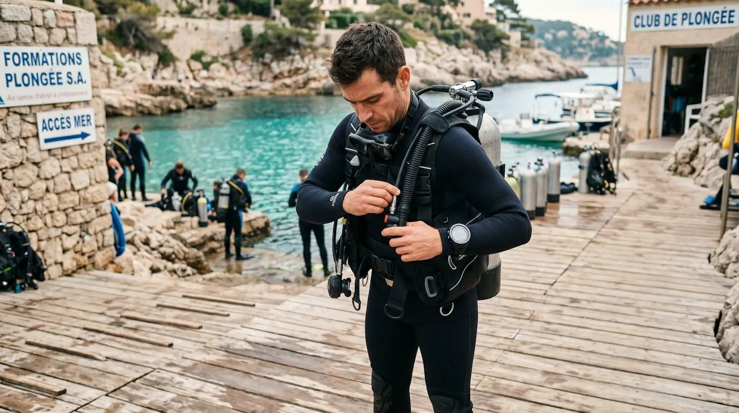 Plongeur débutant en combinaison néoprène portant un gilet stabilisateur avec bouteille, ajustant les sangles du gilet au bord d'un bassin de formation ou d'une crique méditerranéenne