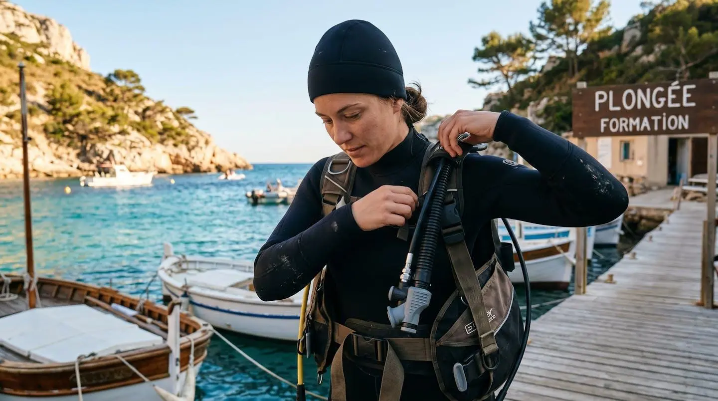 Plongeur débutant en combinaison néoprène portant un gilet stabilisateur avec bouteille, ajustant les sangles du gilet au bord d'un bassin de formation ou d'une crique méditerranéenne