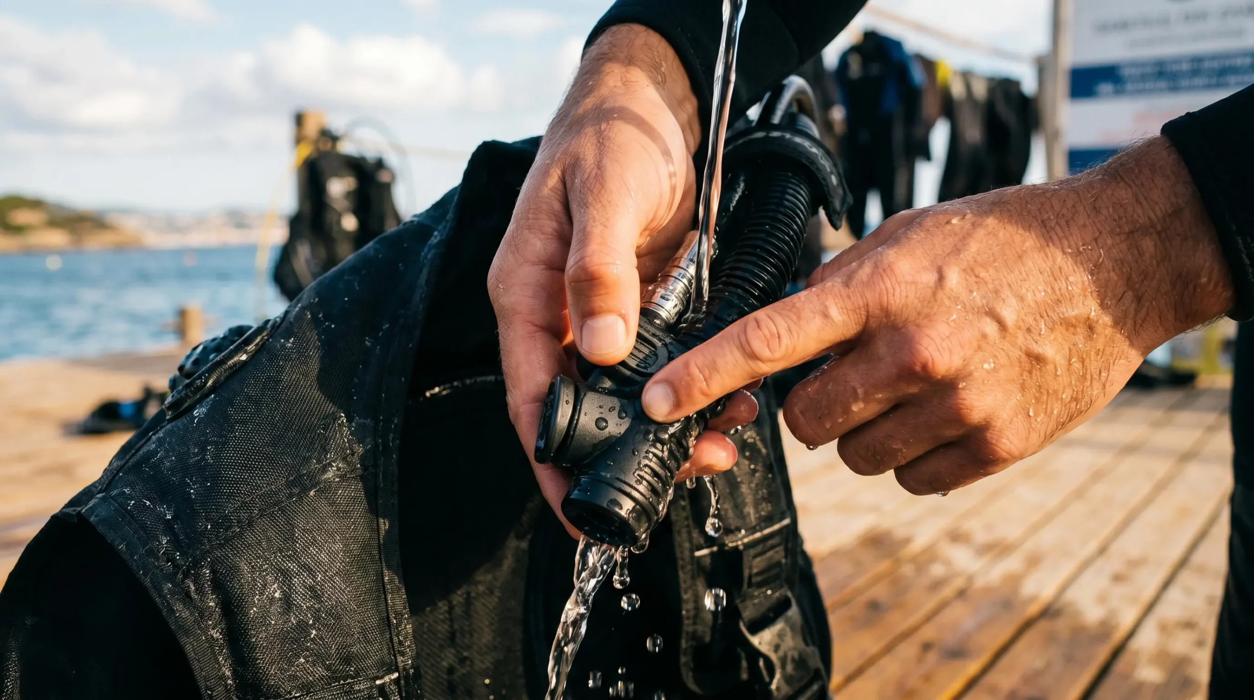Mains de plongeur rinçant l'inflator d'un gilet stabilisateur à l'eau douce sur un ponton de centre de plongée, geste d'entretien post-plongée