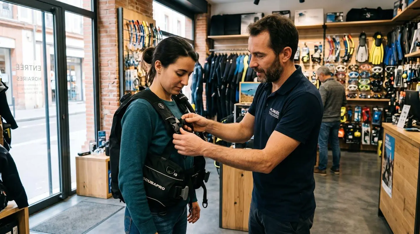 Vendeur spécialisé ajustant les sangles d'un gilet stabilisateur sur une cliente dans un magasin de plongée moderne, équipements visibles en arrière-plan