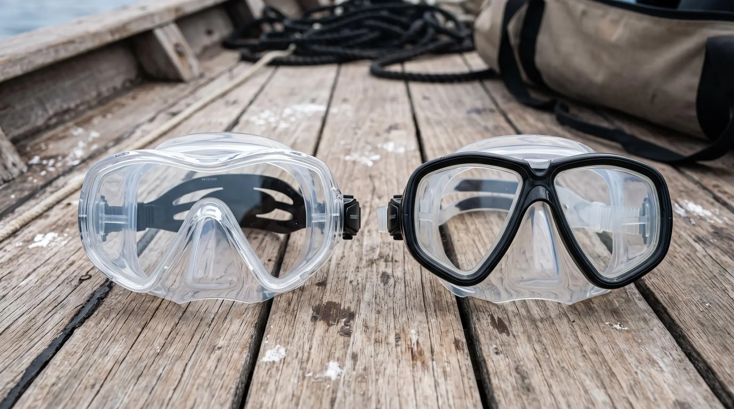 Deux masques de plongée côte à côte sur un pont de bateau, l'un avec verre unique et l'autre avec double verre
