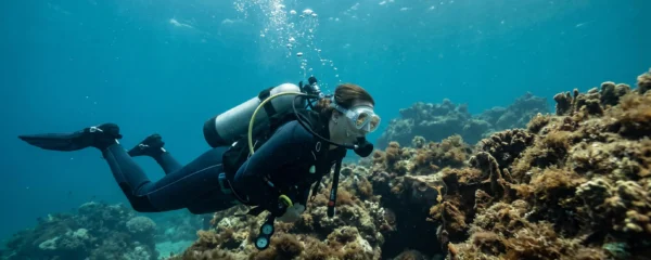 Plongeur sous-marin portant un masque de plongée mono-verre en exploration d'un récif rocheux méditerranéen