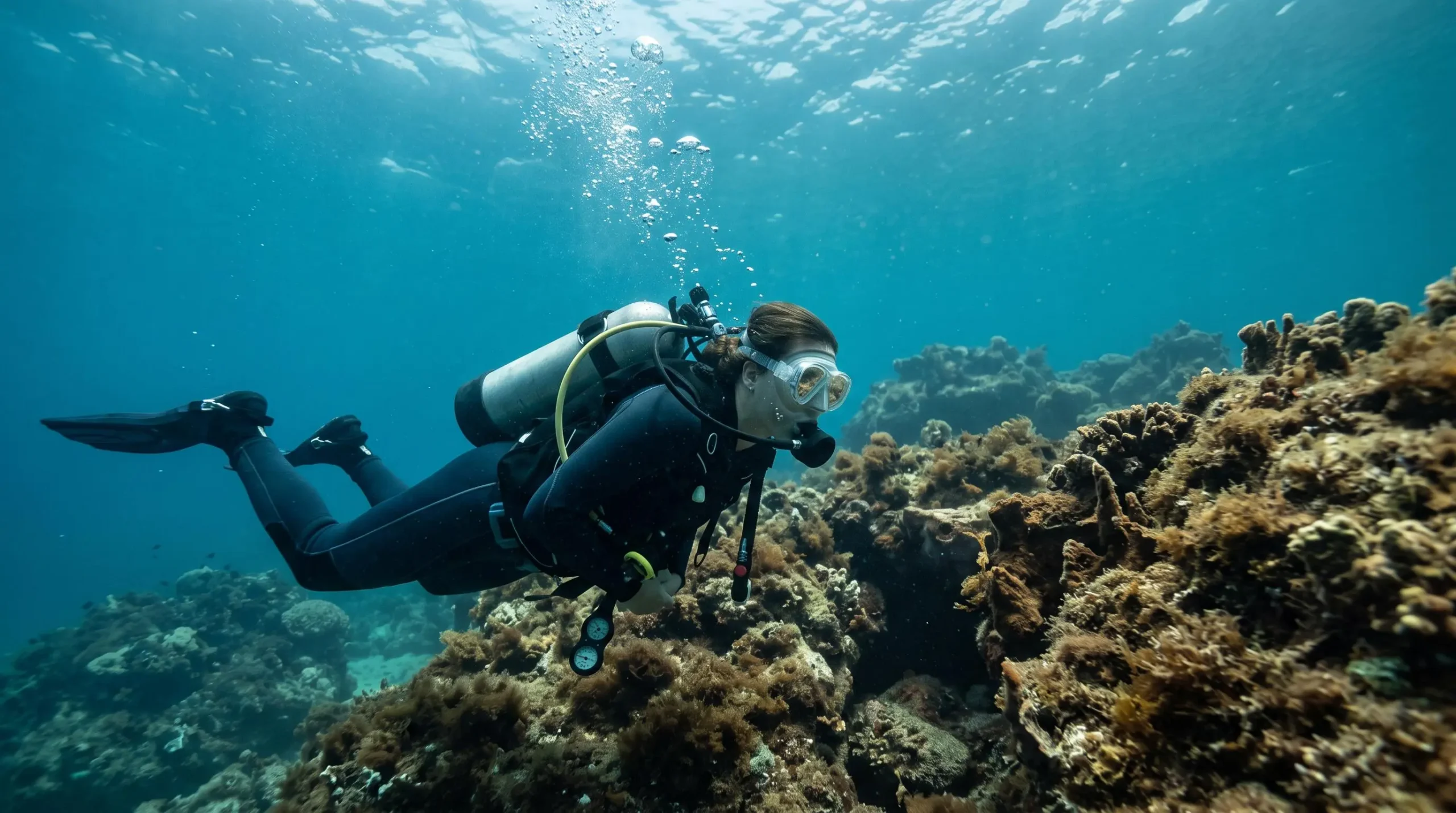 Plongeur sous-marin portant un masque de plongée mono-verre en exploration d'un récif rocheux méditerranéen