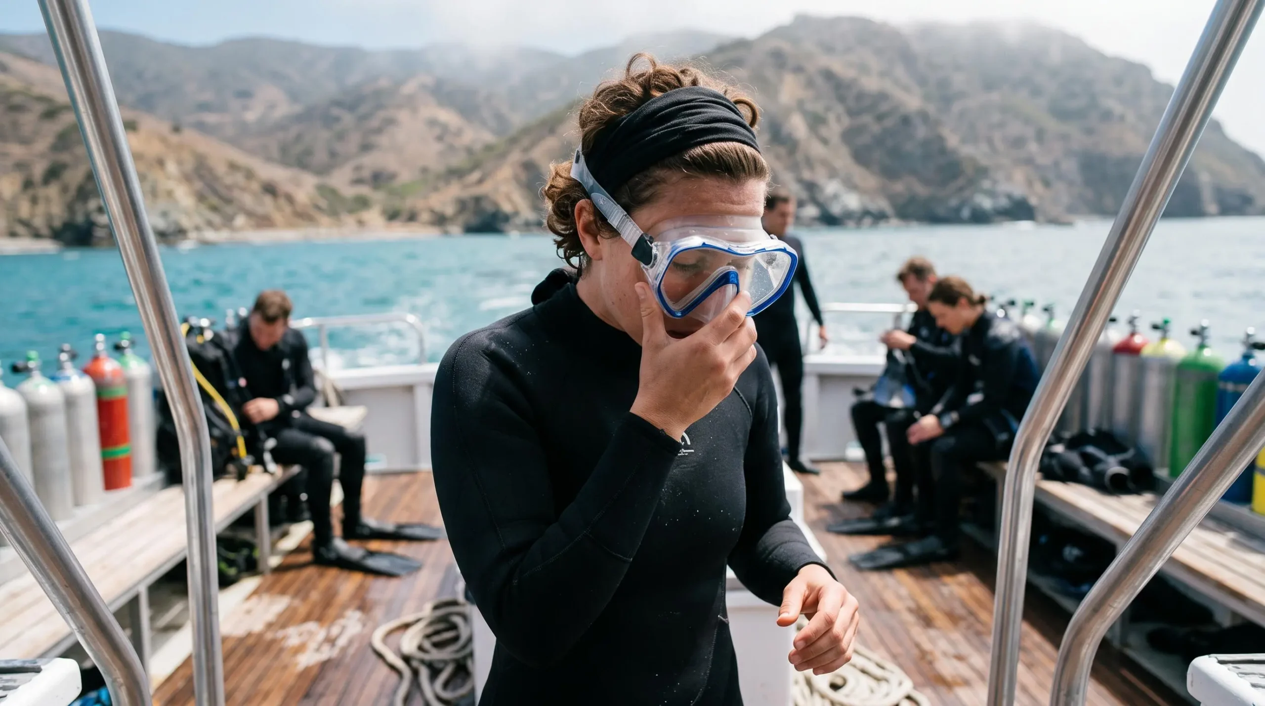 Plongeur effectuant le test d'étanchéité du masque sans sangle sur le pont d'un bateau de plongée
